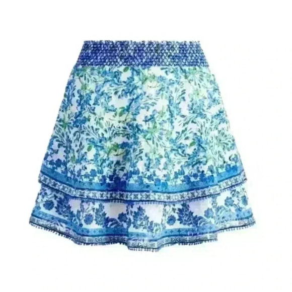 ALICE + OLIVIA Crawford Smocked Blue & White Ruffled Mini Skirt Size Large NWT - Picture 1 of 5
